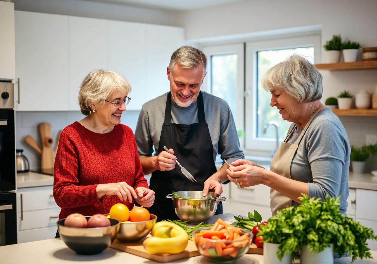 Participants and support worker cooking together in a sunny kitchen