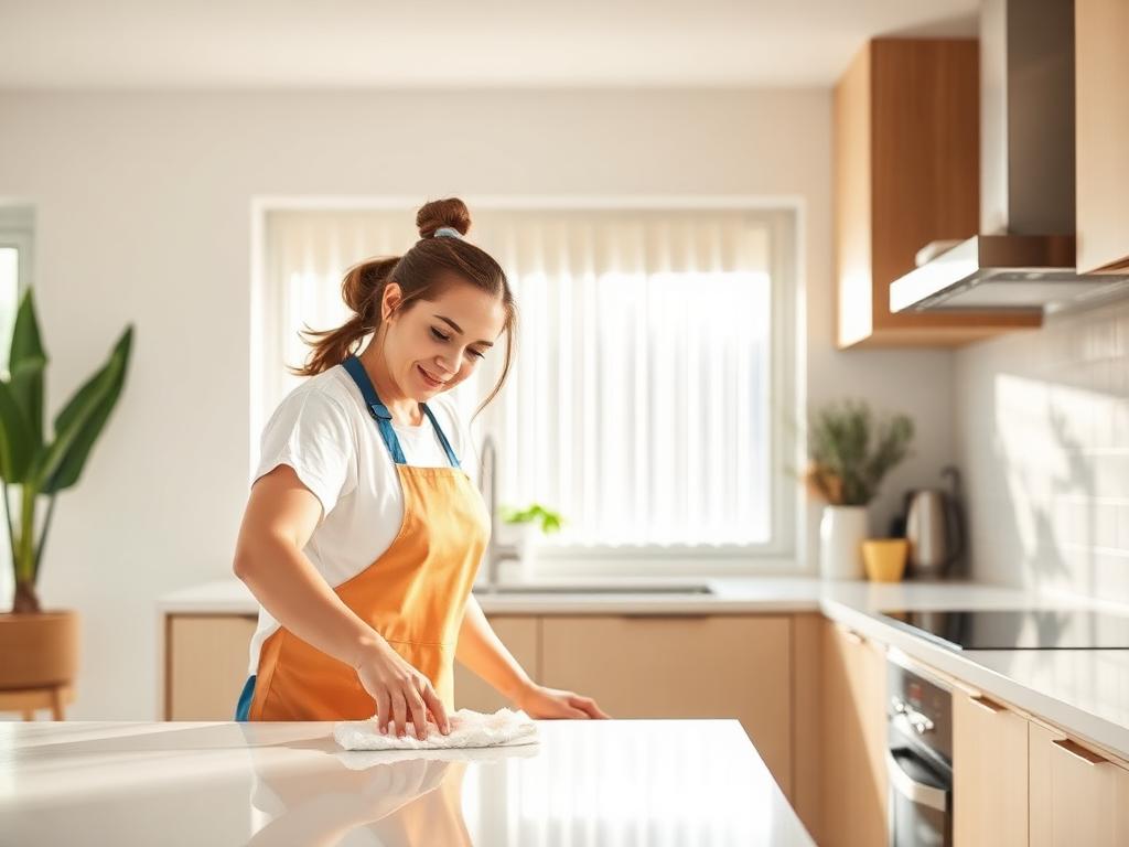 Support worker cleaning a bright kitchen countertop in a participant's home.