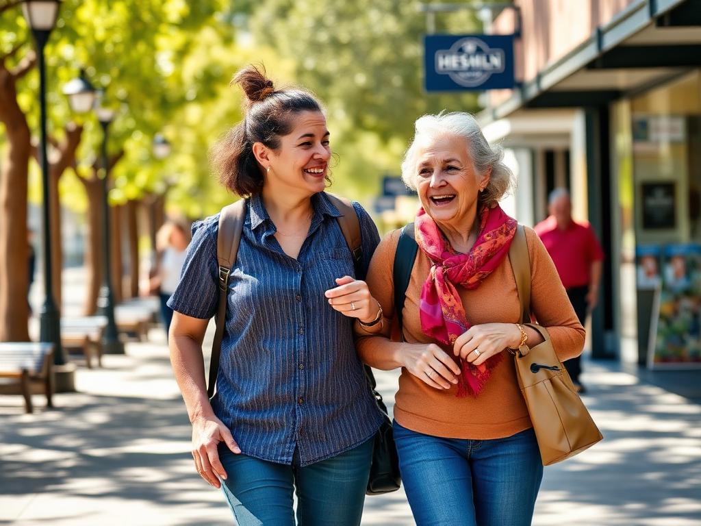 Support worker accompanying a participant on a community outing along a sunny local street.