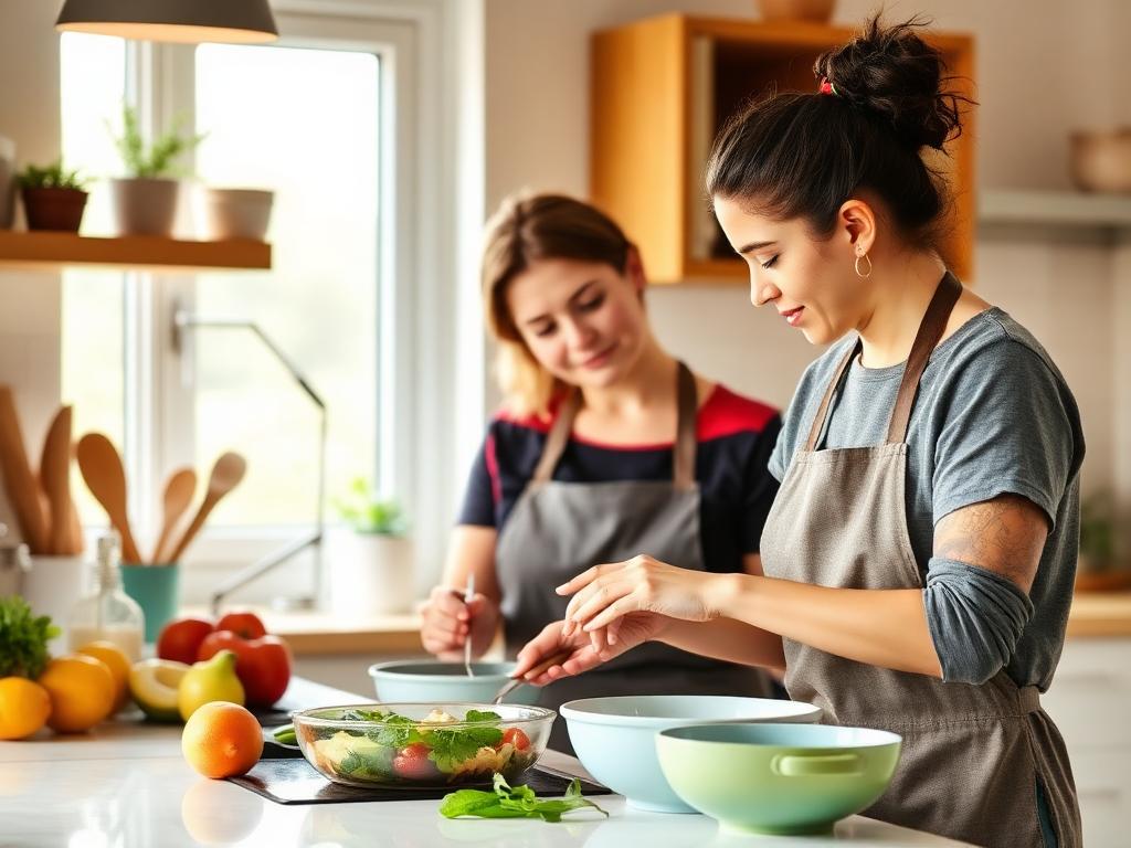 Support worker and participant preparing a healthy meal together in a home kitchen.
