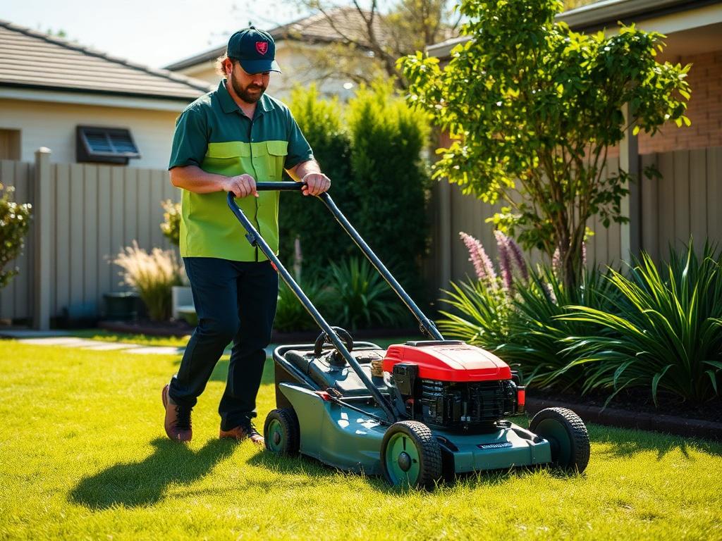 Support worker mowing the lawn in a tidy Australian residential backyard garden.