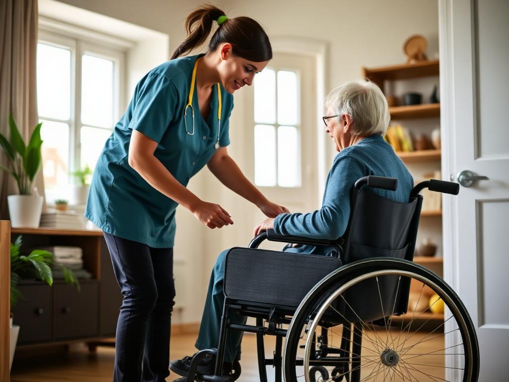 Support worker safely assisting a participant using a wheelchair at home with care and dignity.