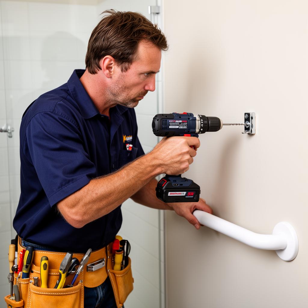 Handyperson carrying out minor repairs on a door handle inside a participant's home.